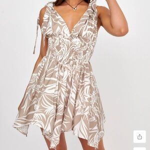 Tied Shoulder Shirred Romper Beige Print